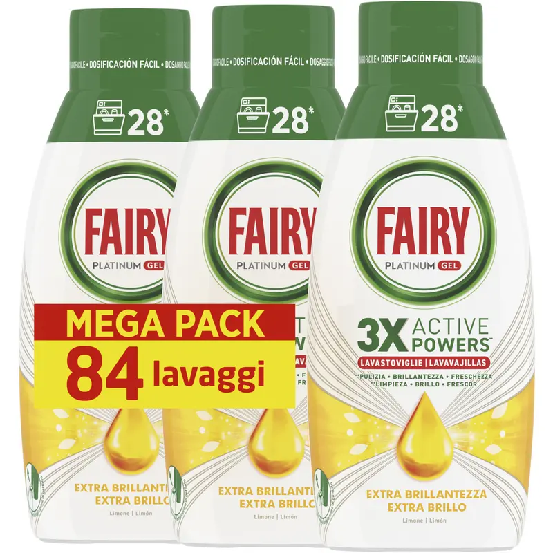 FAIRY PLATINUM GEL LAVASOVIGLIE 3 X ACTIVE POWERS EXTRA BLILLANTEZZA 28 LAVAGGI 504 ML x 3 PEZZI