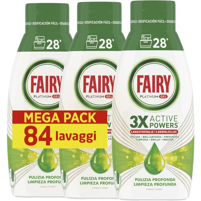 FAIRY PLATINUM GEL LAVASTOVIGLIE 3 X ACTIVE POWERS PULIZIA PROFONDA 28 LAVAGGI 504 ML x 3 PEZZI