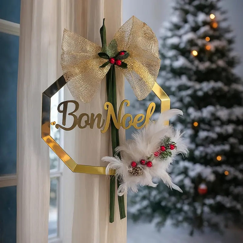 Fuoriporta Natale Bon Noel Specchiato Oro con Fiocco Rosso 28x28 cm