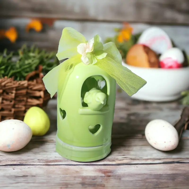 Gabbia Porta Tea Light con Uccellino in Ceramica Verde H 15x8 cm