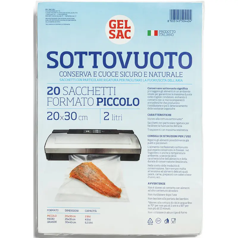 GEL SAC 20 SACCHETTI SOTTOVUOTO GOFFRATO FORMATO PICCOLO 20x30 CM 2 LITRI