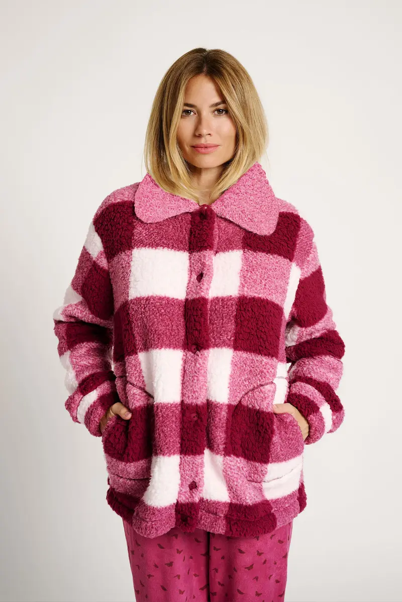 Giacca Pile Donna Scot Quadri Rosa - Stile Accappatoio con Bottoni