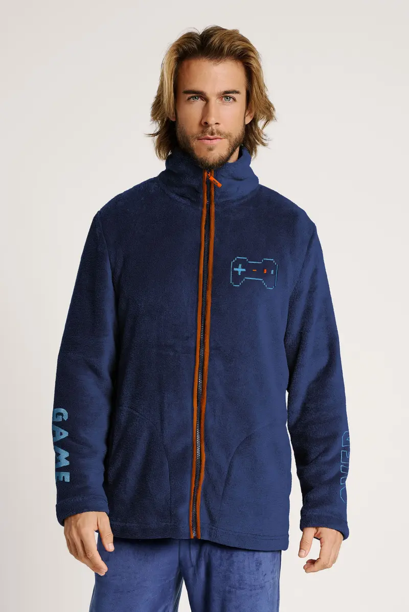 Giacca Pile Uomo Game con Zip - Design Gamer Blu Navy
