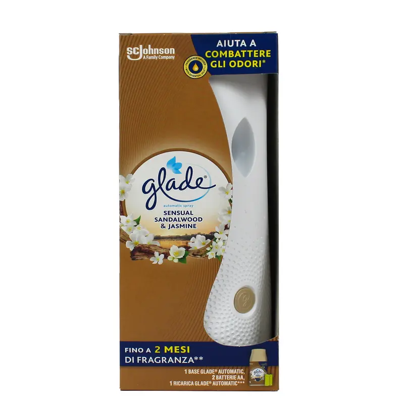 GLADE AUTOMATIC SPRAY BASE + RICARICA SENSUAL SANDALWOOD & JASMINE (2 BATTERIE AA)
