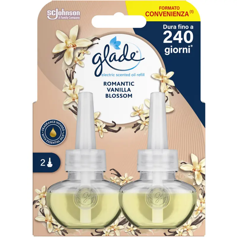 GLADE ELECTRIC ESSENTIAL OIL 2 RICARICHE LIQUIDE DA 20 ML ROMANTIC VANILLA BLOSSOM DURATA 240 GIORNI per DIFFUSORE ELECTRIC