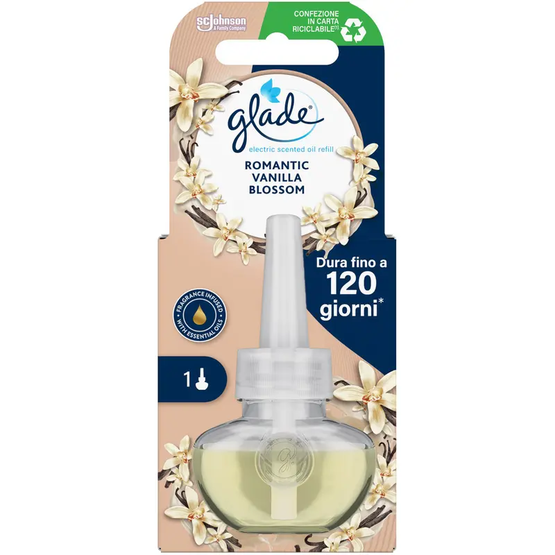 GLADE ELECTRIC ESSENTIAL OIL RICARICA LIQUIDA ROMANTIC VANILLA BLOSSOM 20 ML DURATA 120 GIORNI per DIFFUSORE ELECTRIC