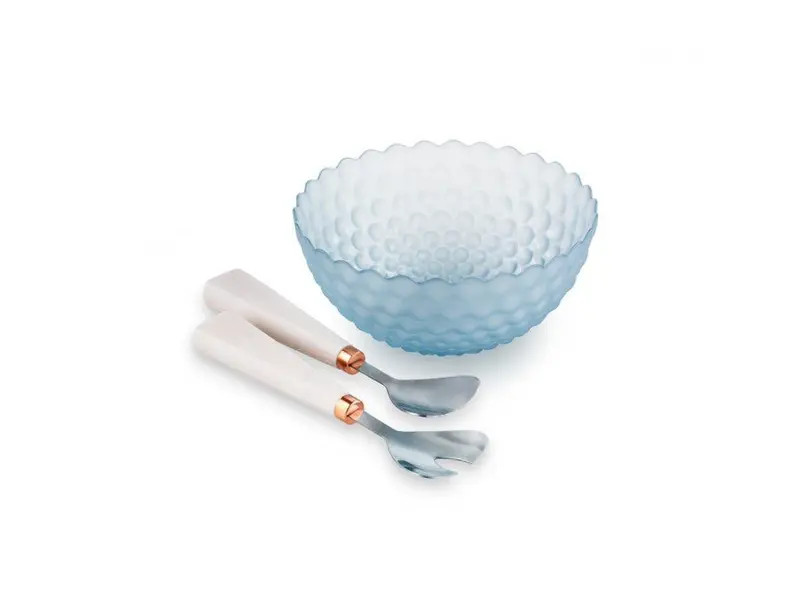 Insalatiera in vetro celeste e bianco bubble con 2 posate | Rohome