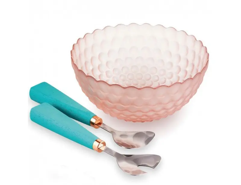 Insalatiera in vetro rosa e verde bubble con 2 posate | Rohome
