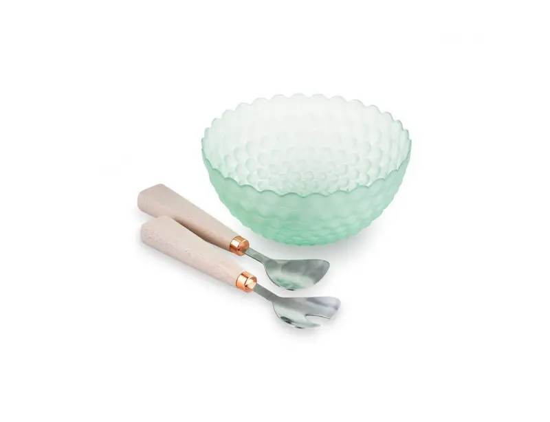 Insalatiera in vetro verde e panna bubble con 2 posate | Rohome