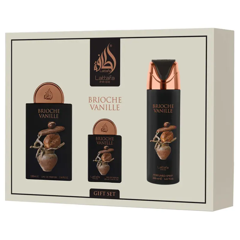LATTAFA PRIDE COFANETTO BRIOCHE VANILLE 4 PEZZI; EDP 100 ML + EDP 20 ML + DEODORANTE 200 ML + REFILLABLE TRAVEL SPRAY
