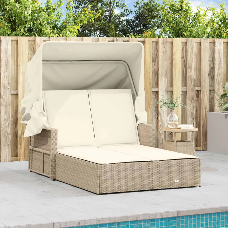 Lettino prendisole doppio in rattan beige con baldacchino retrattile