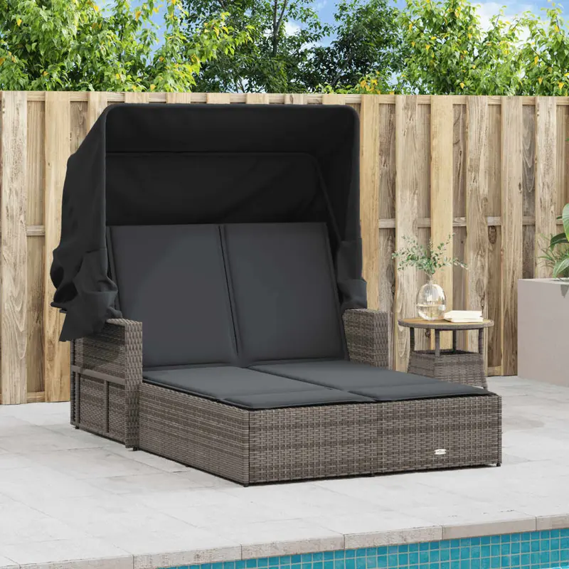 Lettino prendisole doppio in rattan grigio con baldacchino retrattile