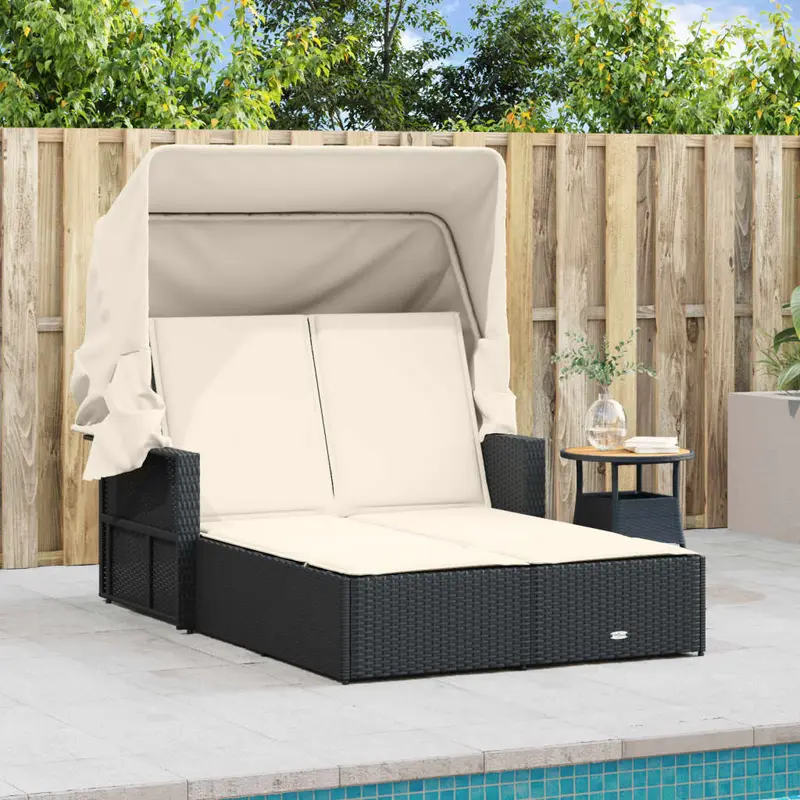 Lettino prendisole doppio in rattan nero con baldacchino retrattile