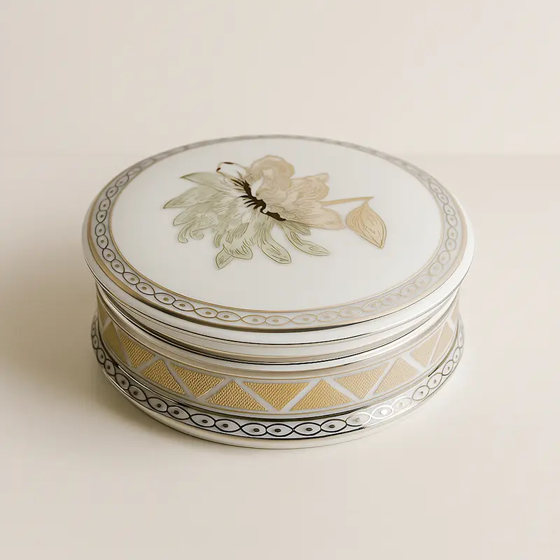 Limoges Scatola Porcellana Bianca Filo Platino 22K Ø12x3,5 cm
