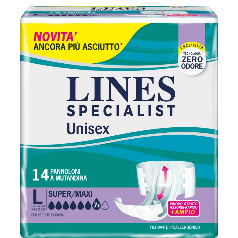 LINES SPECIALIST PANNOLONI A MUTANDINA TAGLIA L GIROVITA >110 CM 14 PEZZI - DISPOSITIVO MEDICO CE CLASSE 1