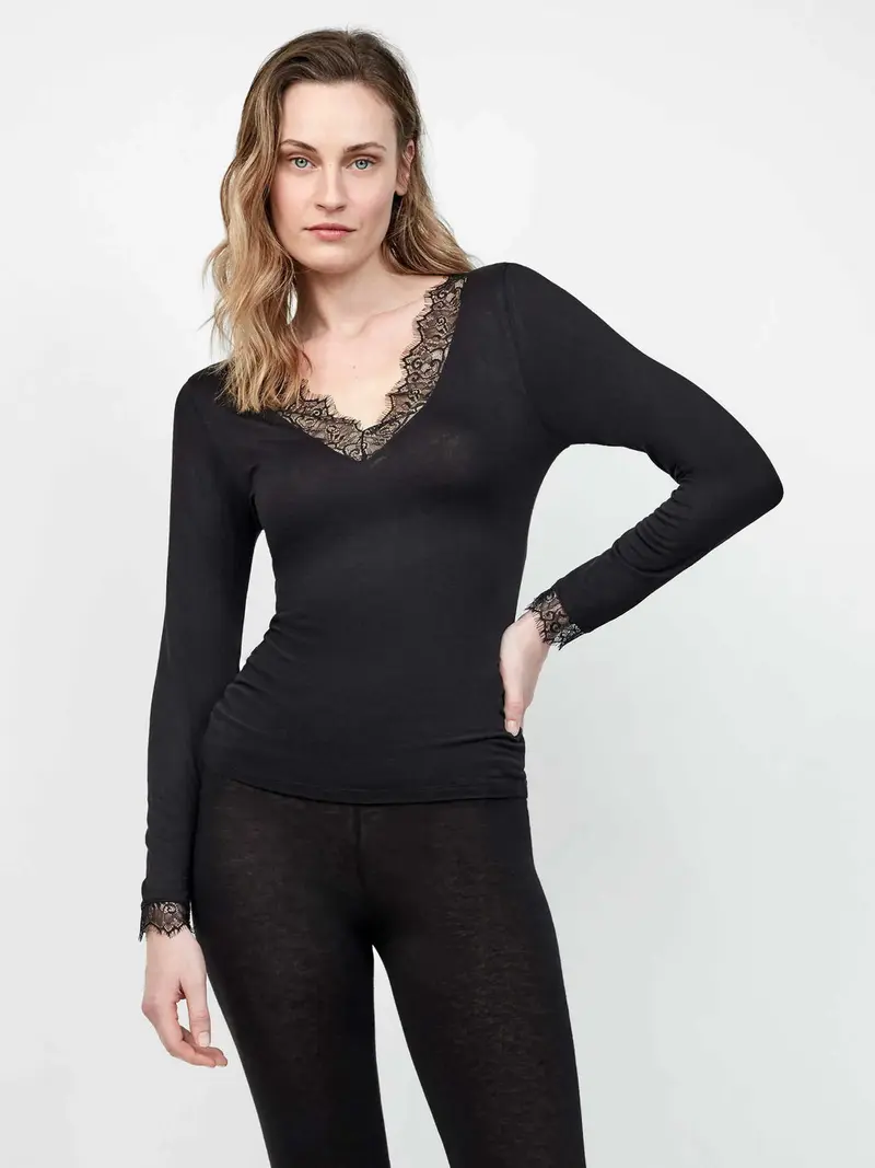 Maglia manica lunga con pizzo viscosa e lana gisela