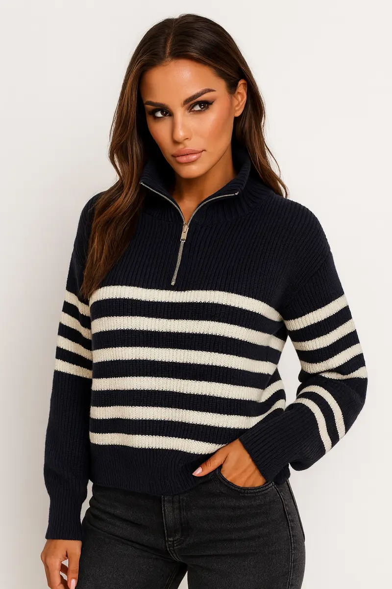 Maglia manica lunga, con zip e righe