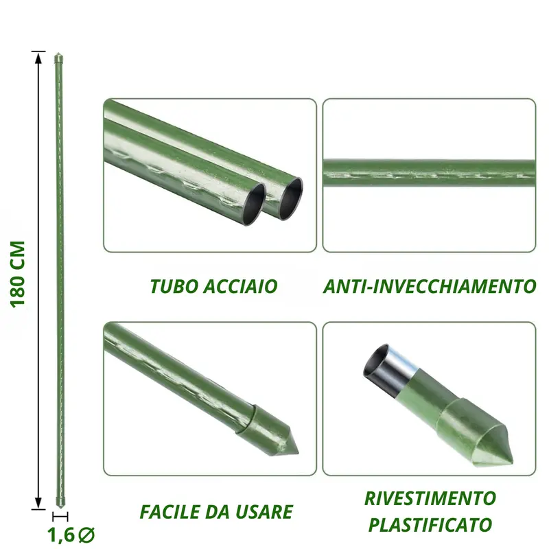 MOHOME Bastoncini Supporto Piante Rampicanti Cannette Acciaio Plastificato Bastone 1,6 Ø x 180 cm Tutore Verde Giardino Orto Pomodori Melenzane