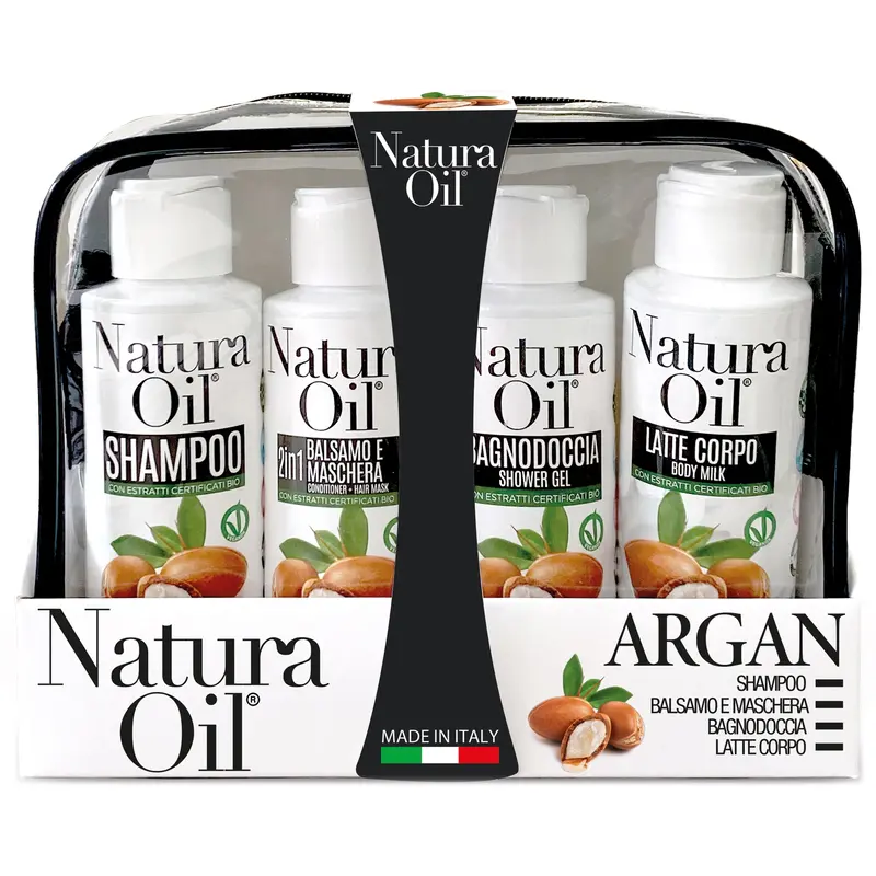 NATURA OIL CONFEZIONE OLIO ARGAN SHAMPOO + BALSAMO E MASCHERA 2 IN 1 + BAGNO DOCCIA + LATTE CORPO 100 ML