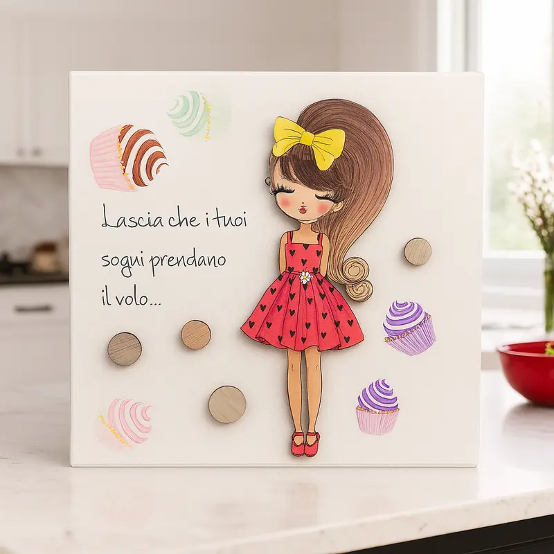 Negò Quadretto Legno con Bambolina Dolls Tag 25x25 cm Made in Italy