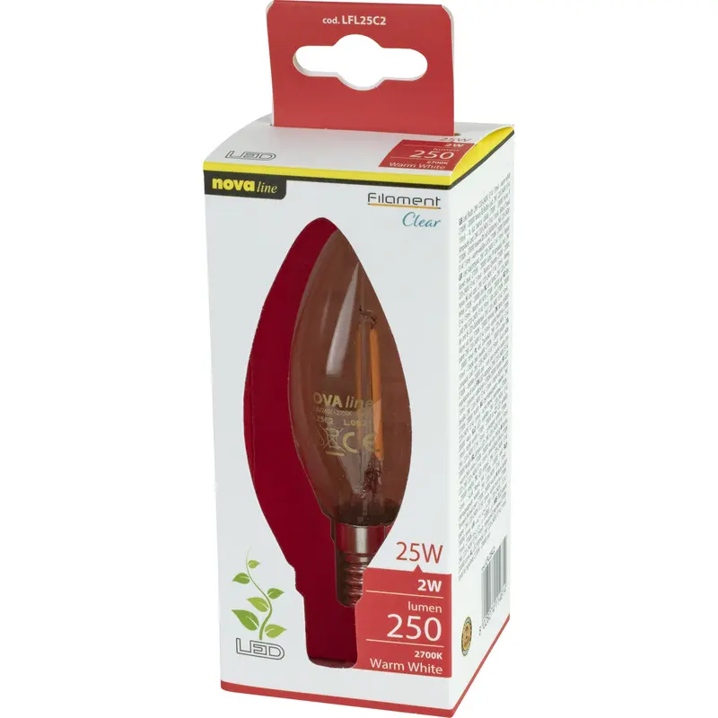 NOVALINE LAMPADINA LED FILAMENTO OLIVA 2W=25W E14 RISPARMIO ENERGETICO 89% LUMEN 250 2700K