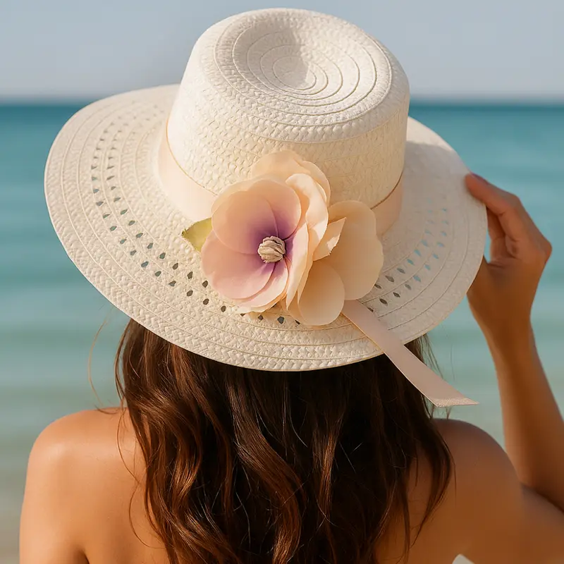 Onde Creazioni Cappello Paglia Sintetica con Nastro Cipria e Fiori in Tessuto Ø 40 cm