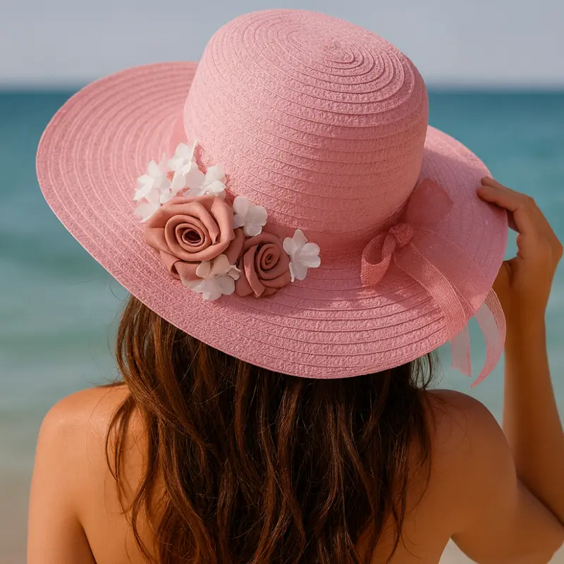 Onde Creazioni Cappello Paglia Sintetica Nastro Cipria e Fiori in Tessuto Ø 40 cm