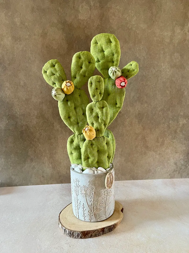 Opuntia verde chiaro vaso in cemento con motivi a rilievo dorati- in pronta consegna