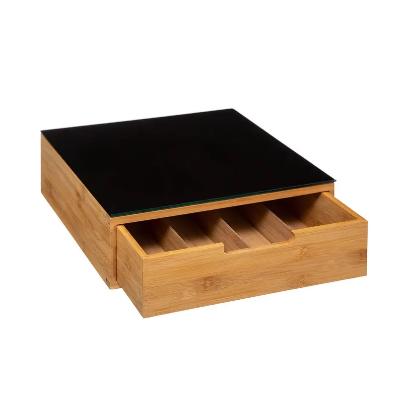 OWIJI Portacapsule Bambù Con Cassetto Scomparti Caffè Organizzatore Capsule Cialde Tisane Tè Bustine Di Zucchero Bicchierini 30x30x10Cm