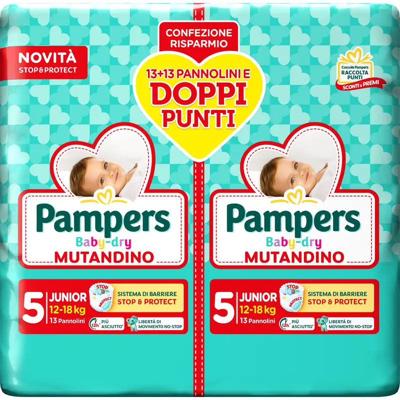 PAMPERS BABY DRY MUTANDINO 5 JUNIOR 12-18 KG 13+13 PEZZI PACCO DOPPIO