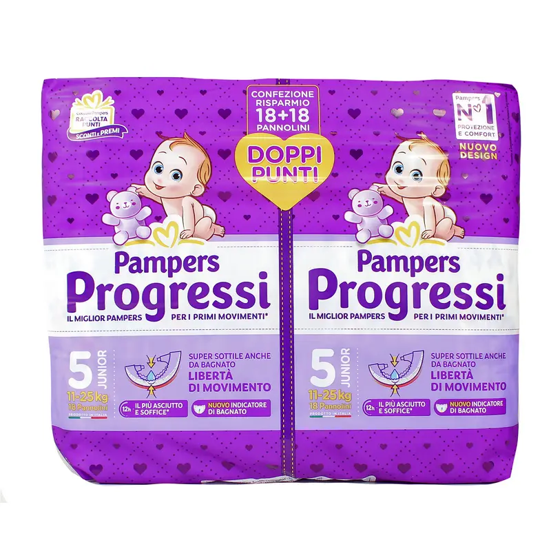 PAMPERS PROGRESSI 5 JUNIOR 11-25 KG 18+18 PEZZI PACCO DOPPIO