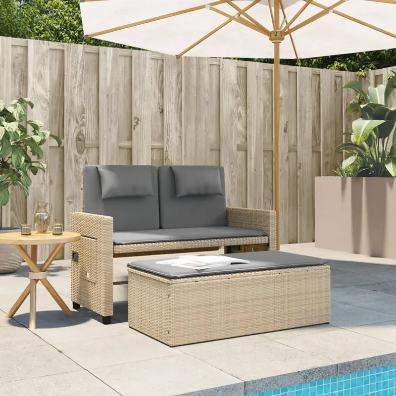 Panca da giardino reclinabile in rattan beige con cuscini grigio chiaro