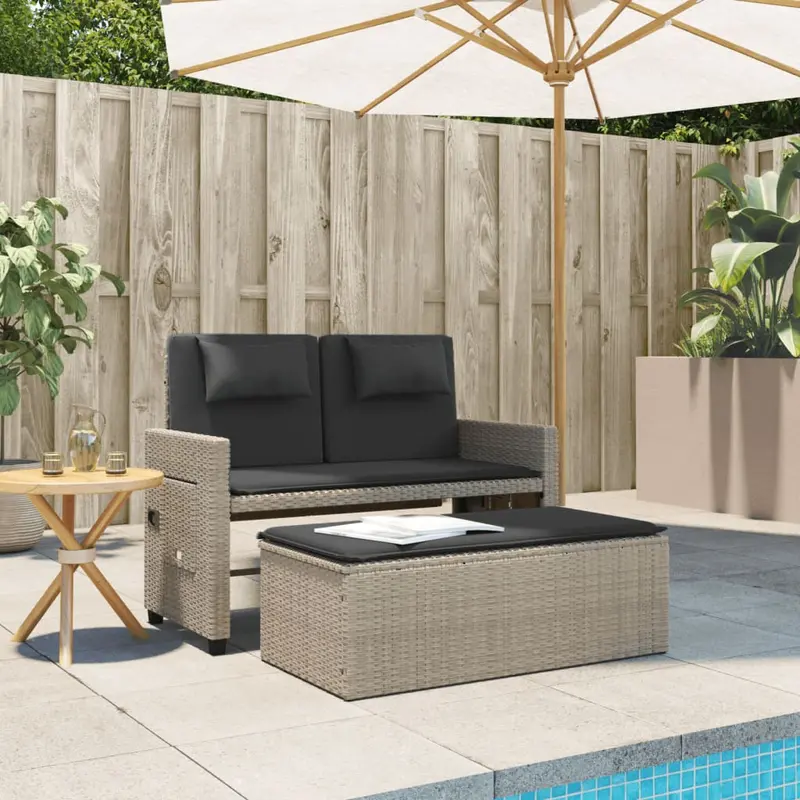 Panca da giardino reclinabile in rattan grigio chiaro con cuscini grigio scuro