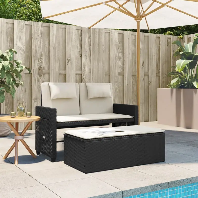 Panca da giardino reclinabile in rattan nero con cuscini bianco crema