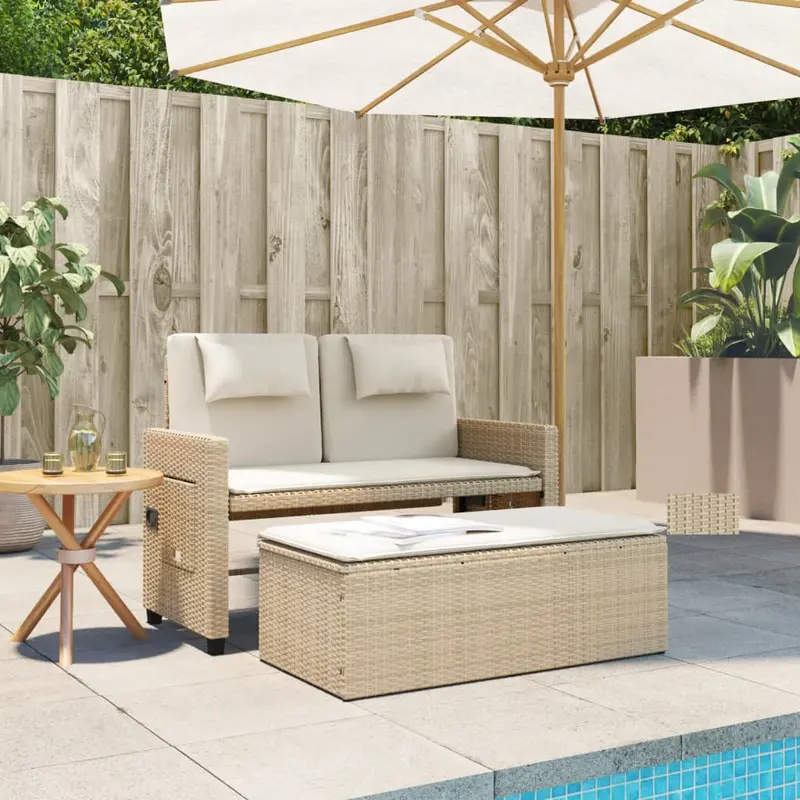 Panca da giardino reclinabile in rattan nero con cuscini bianco crema