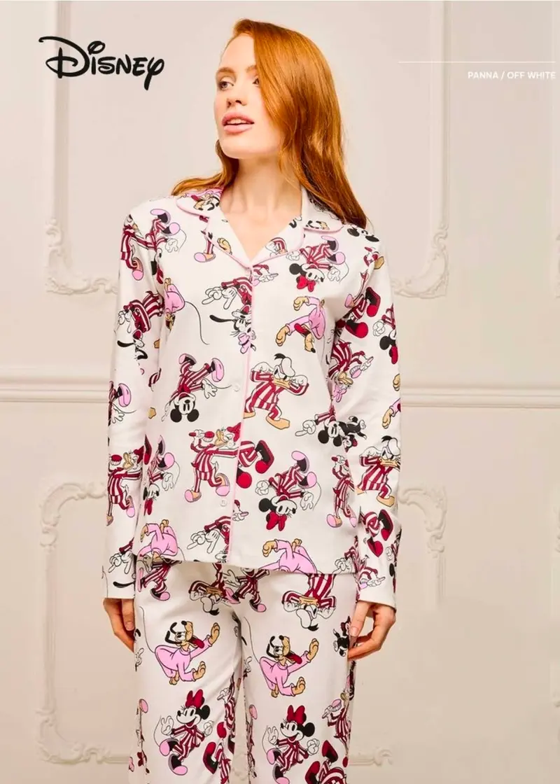 Pigiama Donna Caldo Cotone Taglio Uomo - Stampa All-Over Mickey and friends