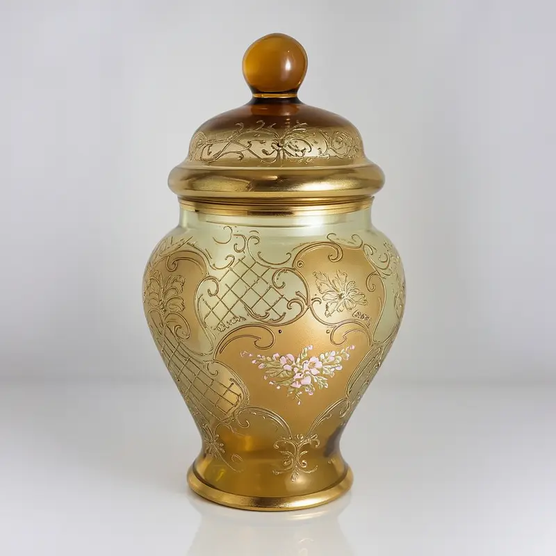 Potiche Vetro Ambra e Oro H 34 cm Dipinto a Mano Biscottiera