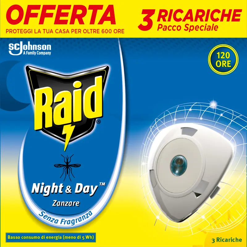 RAID NIGHT & DAY ELETTRICO 3 RICARICHE ZANZARE 120 ORE