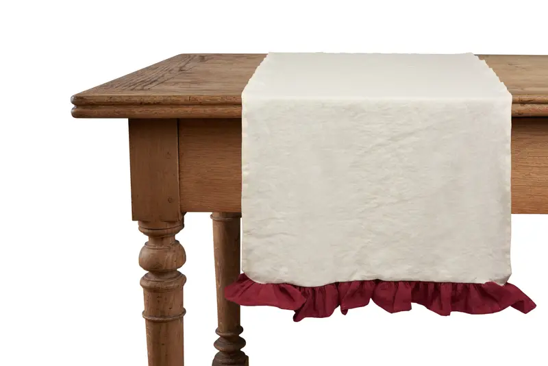 Runner da tavola in 100% puro lino lavato delavè stone washed morbido resistente elegante made in italy Avorio con Frou Frou Bordeaux