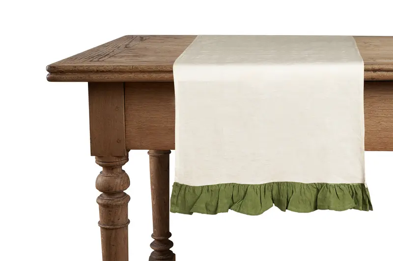Runner da tavola in 100% puro lino lavato delavè stone washed morbido resistente elegante made in italy Avorio con Frou Frou Oliva