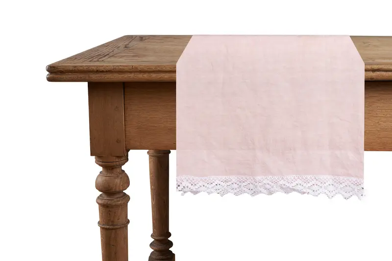 Runner da tavola in 100% puro lino lavato delavè stone washed morbido resistente elegante made in italy Rosa con Pizzo