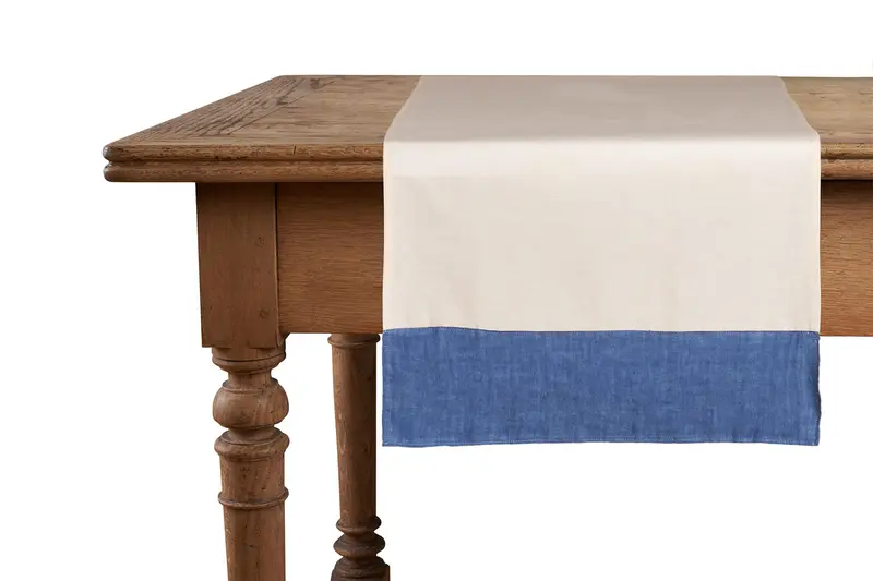 Runner in misto lino  con elegante bordo applicato made in italy  NATURALE/BLUETTE