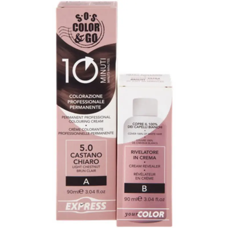 S.O.S.COLOR&GO COLORAZIONE PEOFESSIONALE PERMANENTE 10 MINUTI DUO SET CREMA 90 ML + RIVELATIRE IN CREMA 90 ML 5.0 CASTANO CHIARO