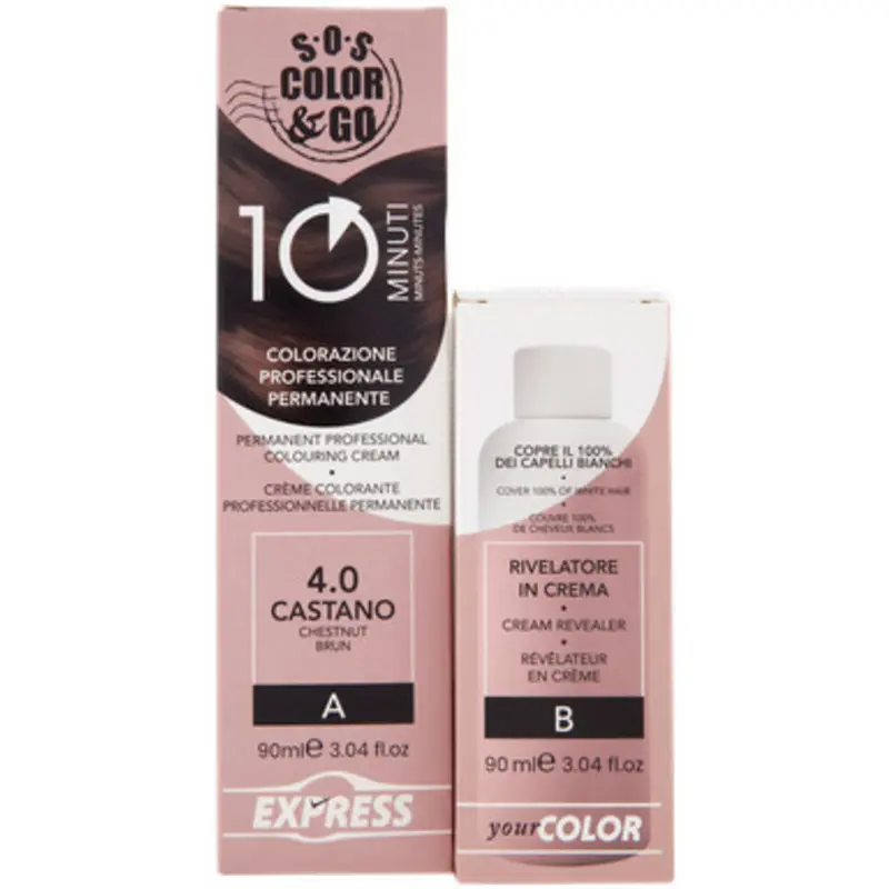S.O.S.COLOR&GO COLORAZIONE PREOFESSIONALE PERMANENTE 10 MINUTI DUO SET CREMA 90 ML + RIVELATORE IN CREMA 90 ML 4.0 CASTANO