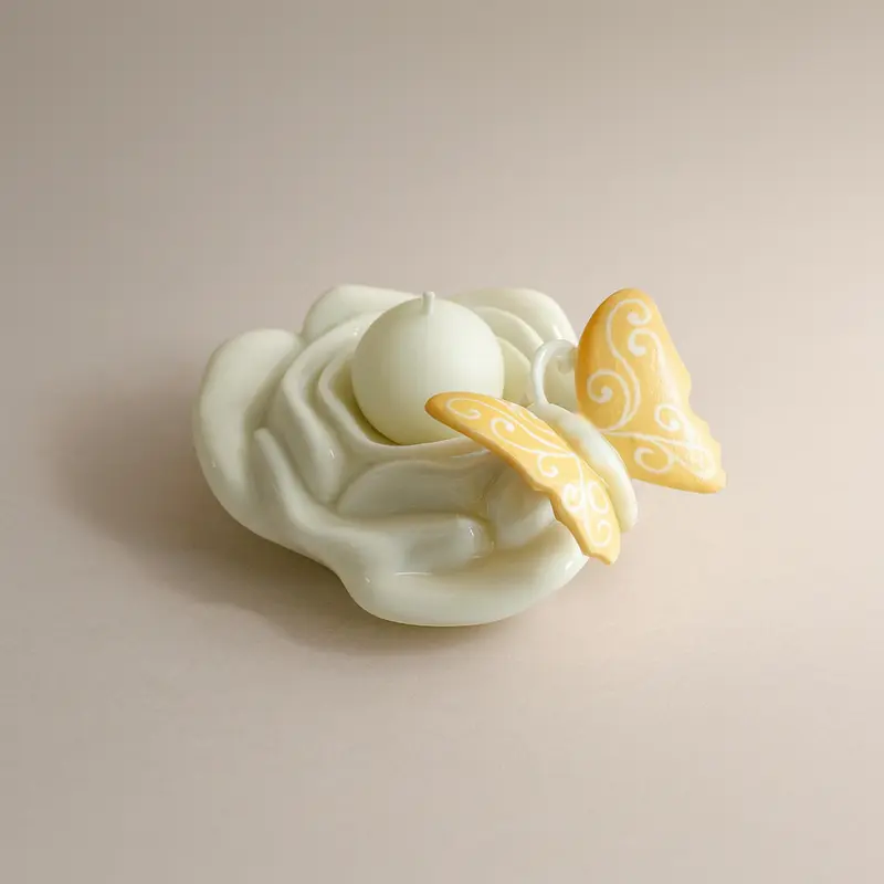 Ser Bugia Porta Candela Rosa Porcellana con Farfalle H 7 cm