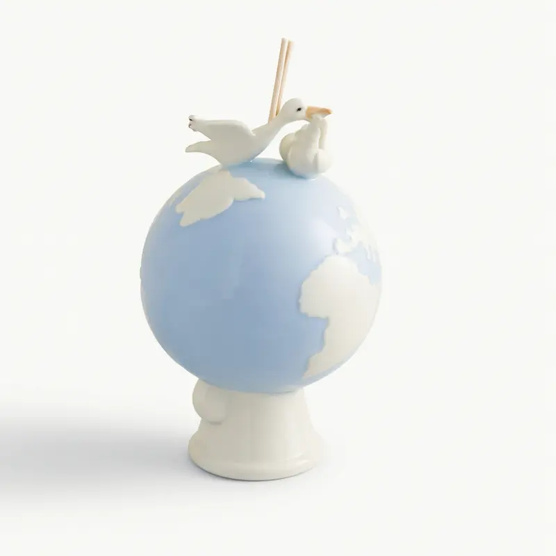 Ser Diffusore Cicogna Mappamondo Porcellana Celeste H 21 cm