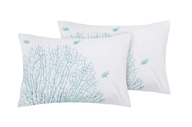 Set 2 federe coppia di federe bifaccia doubleface stampa digitale 100% cotone, Made in Italy CORALLI E PESCI AZZURRO/BIANCO