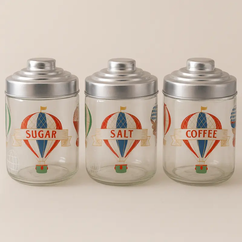 Set 3 Barattoli Vetro 800cc con Tappo Alluminio Decoro Mongolfiere
