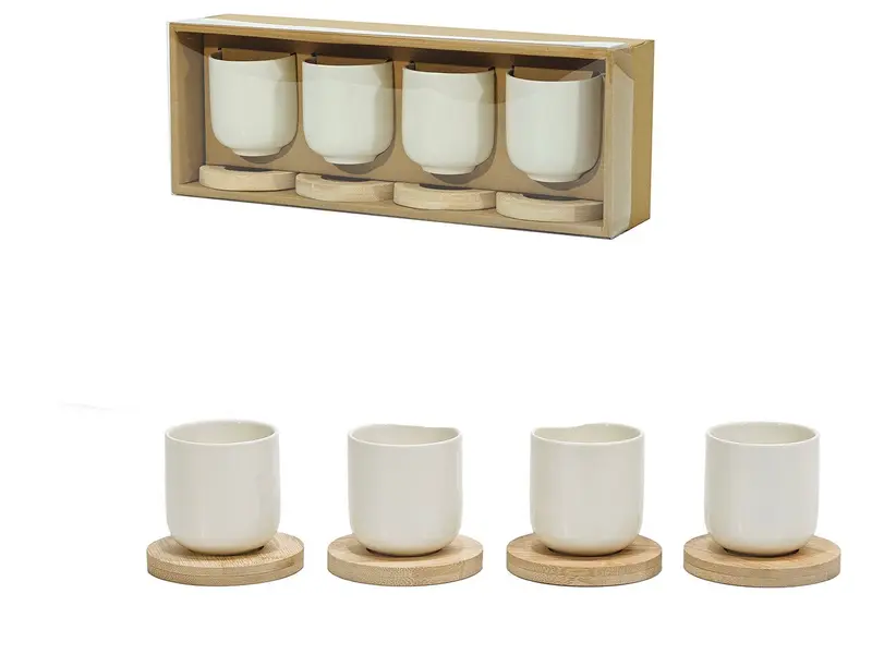 Set 4 tazzine da caffè bianco con piattino in legno | Rohome