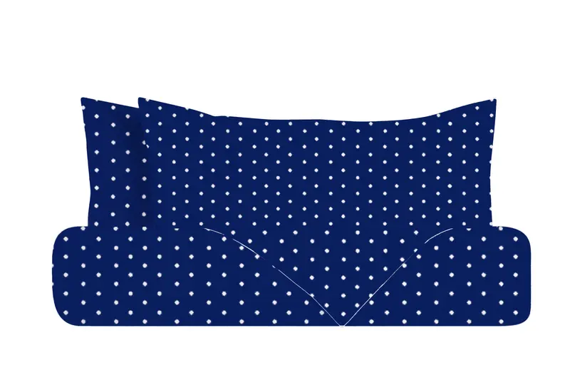 Set copripiumino e federe parure copripiumino stampa digitale 100% cotone, Made in Italy, POIS BIANCHI SU BLU
